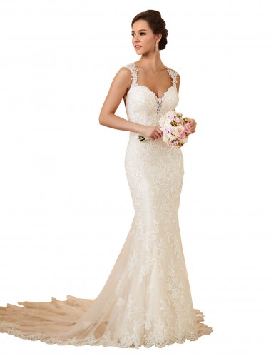 Comprar Marfil Sirena Cuello de Corazón Cola capilla Encaje Vestidos de novia