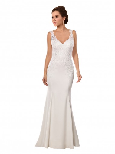 Comprar Marfil Sirena Cuello en V Cola capilla Encaje Crepé Elástico Vestidos de novia