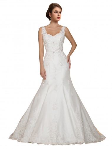 Comprar Marfil Sirena Cuello en V Cola capilla Encaje Vestidos de novia