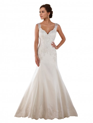 Comprar Marfil Sirena Cuello en V Cola capilla Satén Clásico Vestidos de novia