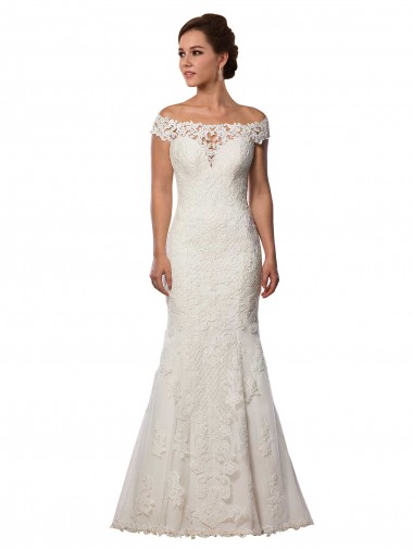 Comprar Marfil Sirena Hombros Descubiertos Cola capilla Encaje Boho Vestidos de novia