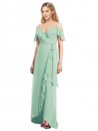 Comprar Menta Verde Trompeta Tirantes espagueti Cuello en V Gasa Largo Asimétrico Vestidos de dama de honor