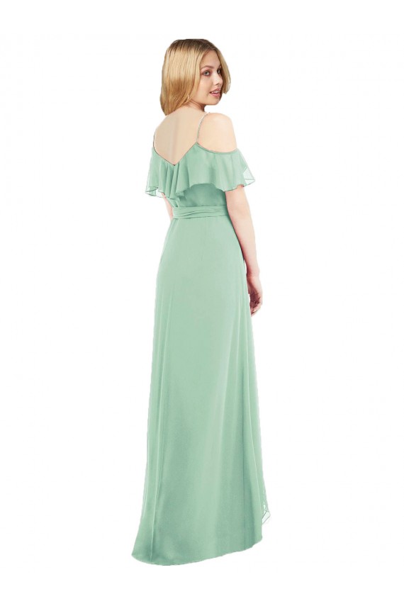 Comprar Menta Verde Trompeta Tirantes espagueti Cuello en V Gasa Largo Asimétrico Vestidos de dama de honor