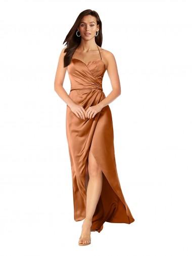 Comprar Naranja línea A Tirantes espagueti Satén sedoso Largo Asimétrico Formales Vestidos de dama de honor / Vestidos de fiesta