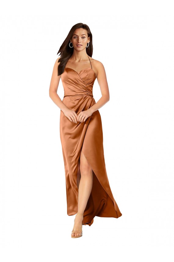 Comprar Naranja línea A Tirantes espagueti Satén sedoso Largo Asimétrico Formales Vestidos de dama de honor / Vestidos de fiesta