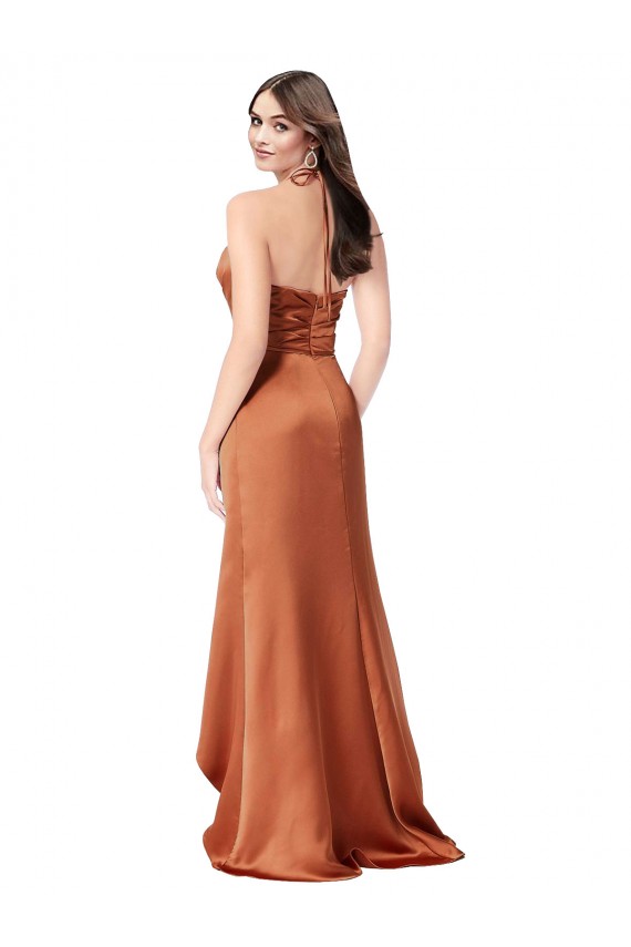 Comprar Naranja línea A Tirantes espagueti Satén sedoso Largo Asimétrico Formales Vestidos de dama de honor / Vestidos de fiesta