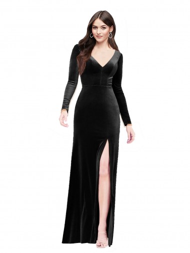 Comprar Negro Columna Cuello en V Terciopelo Elástico Largo Formales Vestidos de dama de honor / Vestidos de fiesta