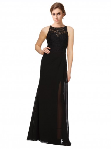 Comprar Negro Cubierta Cuello Alto Gasa Encaje Largo Vestidos de dama de honor