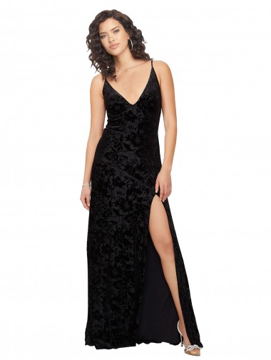 Comprar Negro Cubierta Cuello en V Terciopelo floral Terciopelo Elástico Largo Vestidos de dama de honor