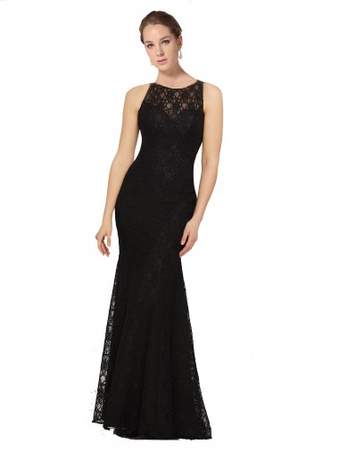 Comprar Negro Cubierta Cuello joya Encaje Largo Vestidos de dama de honor