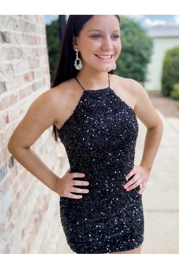 Comprar Negro Cubierta Halter Corto Lentejuelas Terciopelo Corto Vestidos de fiesta
