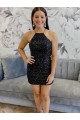Comprar Negro Cubierta Halter Corto Lentejuelas Terciopelo Corto Vestidos de fiesta