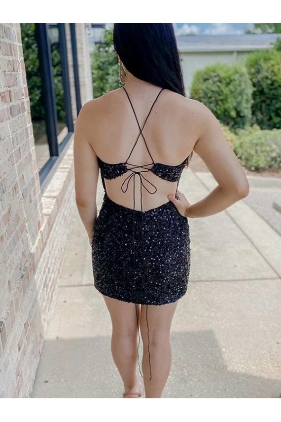 Comprar Negro Cubierta Halter Corto Lentejuelas Terciopelo Corto Vestidos de fiesta