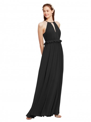 Comprar Negro Cubierta Halter Gasa Largo Vestidos de dama de honor