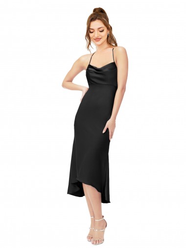 Comprar Negro Cubierta Midi Satén sedoso Corto Asimétrico Formales Vestidos de dama de honor / Vestidos de fiesta / Vestidos de cóctel