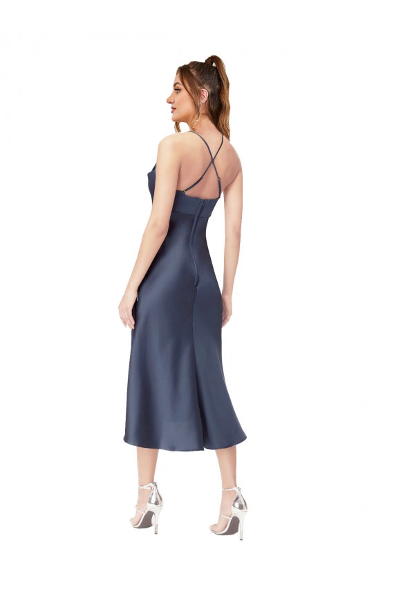 Comprar Negro Cubierta Midi Satén sedoso Corto Asimétrico Formales Vestidos de dama de honor / Vestidos de fiesta / Vestidos de cóctel