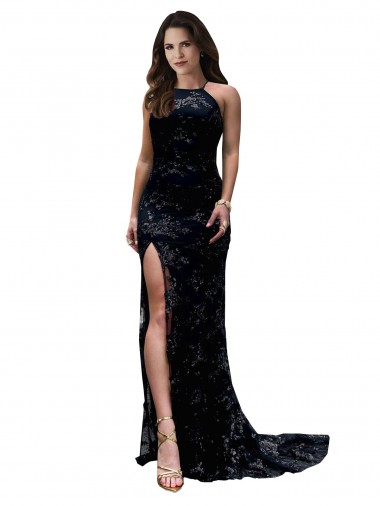 Comprar Negro Sirena Cuello Alto Encaje Largo Formales Vestidos de dama de honor / Vestidos de fiesta