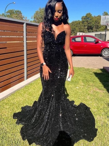 Comprar Negro Sirena Cuello de Corazón Lentejuelas Terciopelo Largo Vestidos de fiesta