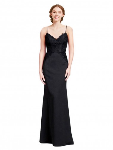 Comprar Negro Sirena Tirantes espagueti Cuello en V Crepé Elástico Largo Vestidos de dama de honor / Vestidos de fiesta