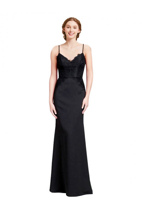 Comprar Negro Sirena Tirantes espagueti Cuello en V Crepé Elástico Largo Vestidos de dama de honor / Vestidos de fiesta
