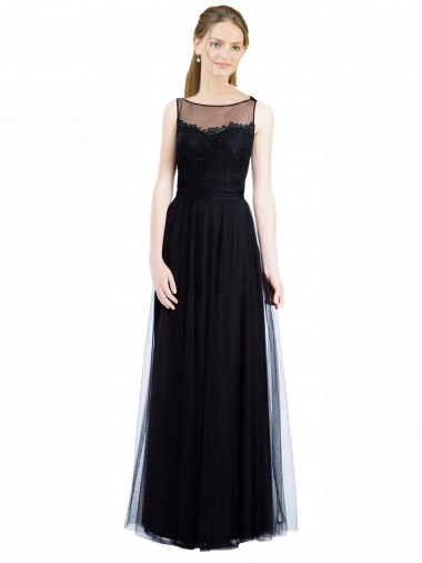 Comprar Negro línea A Barco Ilusión Tul Encaje Largo Vestidos de dama de honor