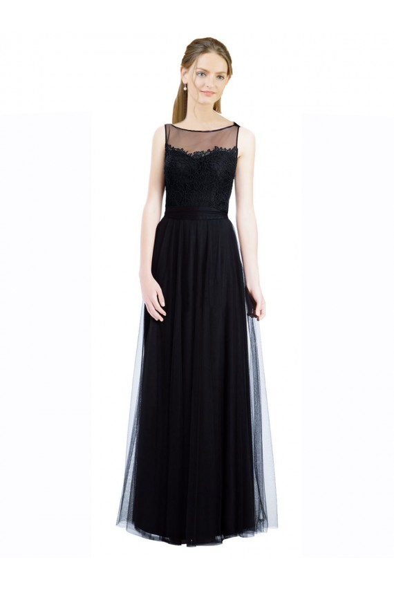 Comprar Negro línea A Barco Ilusión Tul Encaje Largo Vestidos de dama de honor