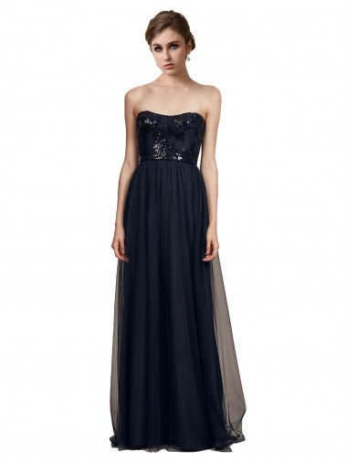 Comprar Negro línea A Cuello de Corazón Sin tirantes Tul Largo Vestidos de dama de honor