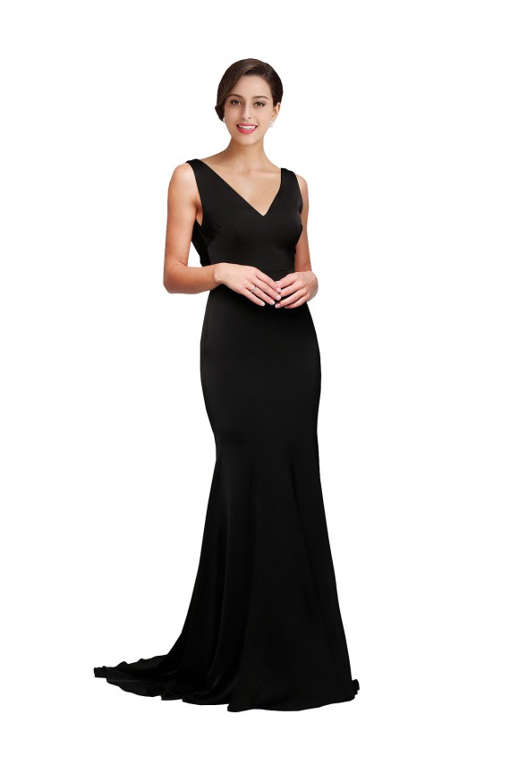 Comprar Negro línea A Cuello en V Barrer tren Satén sedoso Largo Formales Vestidos de dama de honor / Vestidos de fiesta