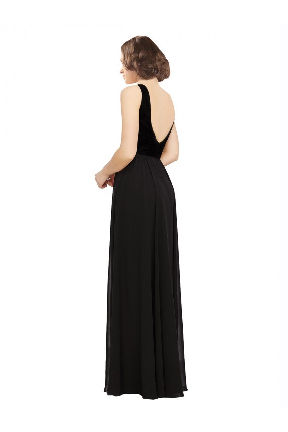 Comprar Negro línea A Cuello en V Gasa Terciopelo Largo Vestidos de dama de honor / Vestidos de fiesta