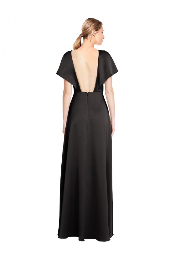 Comprar Negro línea A Cuello en V Satén elástico Largo Formales Vestidos de dama de honor / Vestidos de fiesta