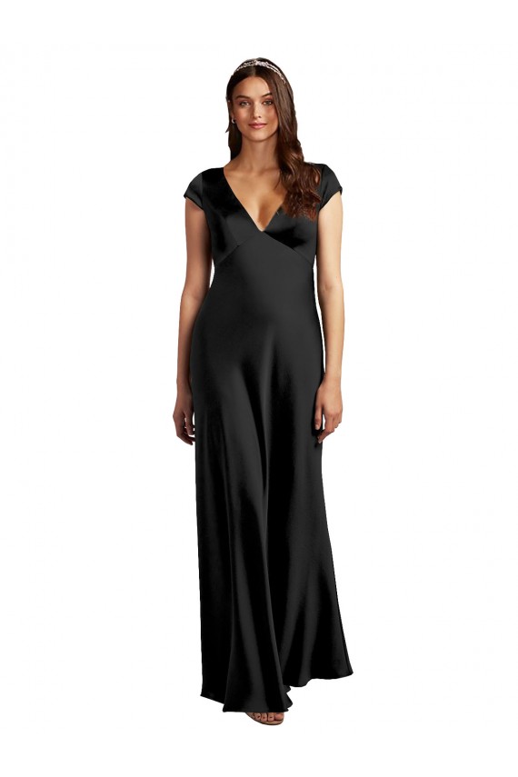 Comprar Negro línea A Cuello en V Satén elástico Largo Formales Vestidos de dama de honor / Vestidos de fiesta