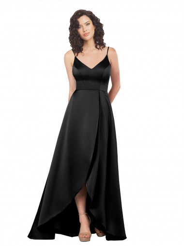 Comprar Negro línea A Cuello en V Satén sedoso Largo Asimétrico Formales Vestidos de dama de honor / Vestidos de fiesta