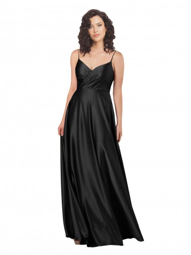 Comprar Negro línea A Cuello en V Satén sedoso Largo Formales Vestidos de dama de honor / Vestidos de fiesta