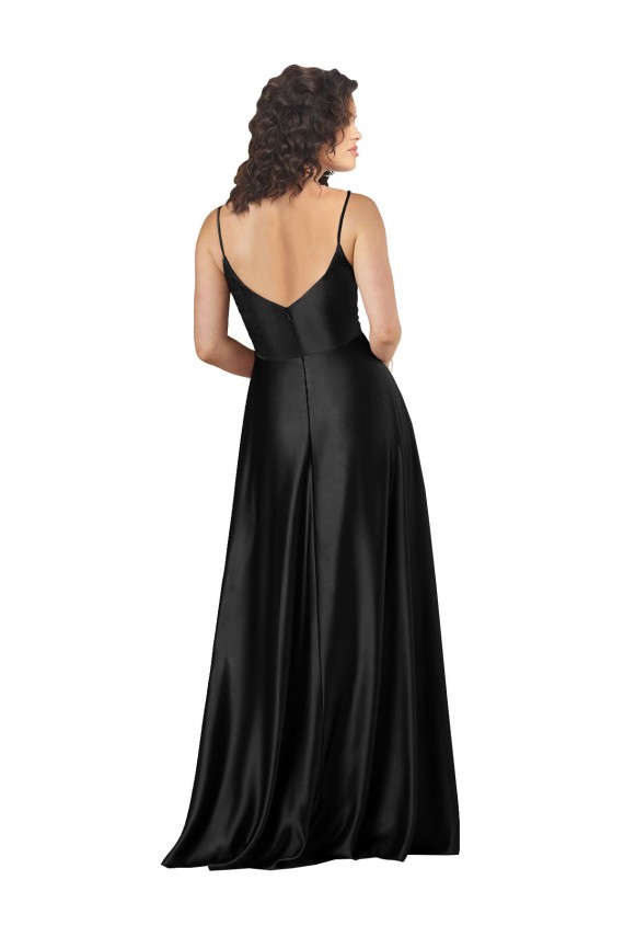 Comprar Negro línea A Cuello en V Satén sedoso Largo Formales Vestidos de dama de honor / Vestidos de fiesta