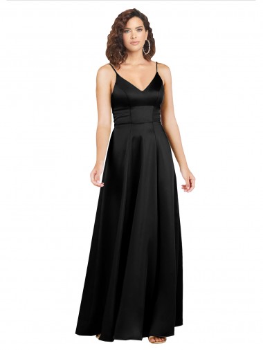 Comprar Negro línea A Cuello en V Satén sedoso Largo Formales Vestidos de dama de honor / Vestidos de fiesta