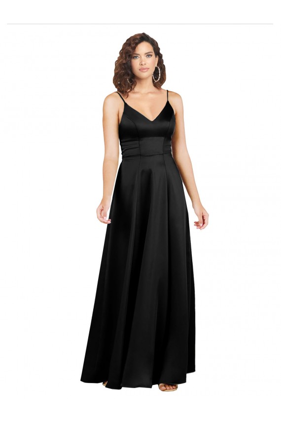 Comprar Negro línea A Cuello en V Satén sedoso Largo Formales Vestidos de dama de honor / Vestidos de fiesta