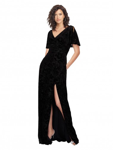 Comprar Negro línea A Cuello en V Terciopelo floral Terciopelo Elástico Largo Vestidos de dama de honor