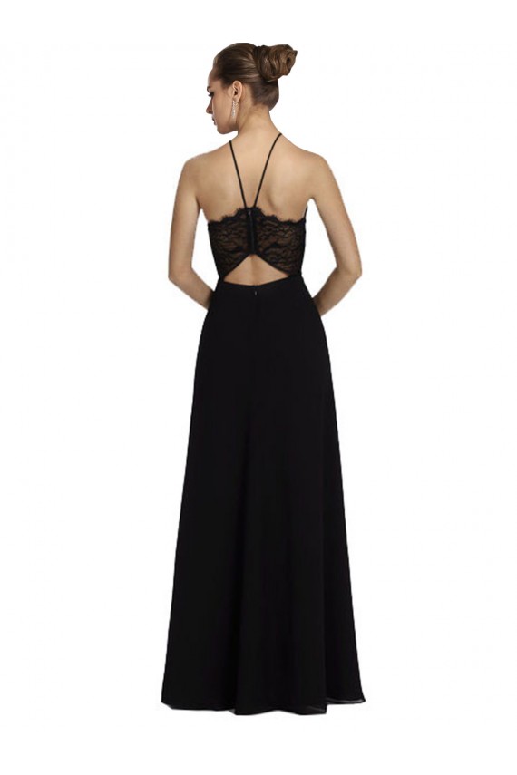 Comprar Negro línea A Halter Gasa Encaje Largo Vestidos de dama de honor