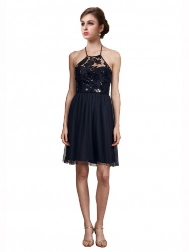 Comprar Negro línea A Halter Tul Corto Vestidos de dama de honor