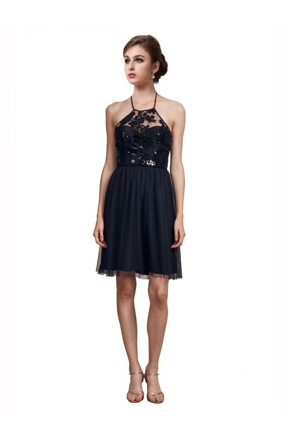 Comprar Negro línea A Halter Tul Corto Vestidos de dama de honor