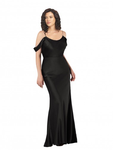 Comprar Negro línea A Hombros Descubiertos Satén sedoso Largo Formales Vestidos de dama de honor / Vestidos de fiesta