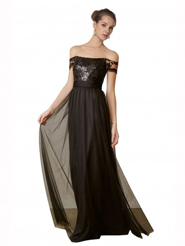 Comprar Negro línea A Hombros Descubiertos Tul Lentejuela Largo Vestidos de dama de honor