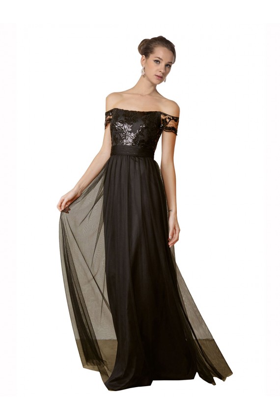 Comprar Negro línea A Hombros Descubiertos Tul Lentejuela Largo Vestidos de dama de honor