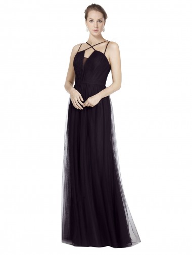 Comprar Negro línea A Tirantes espagueti Cuello Alto Tul Largo Vestidos de dama de honor