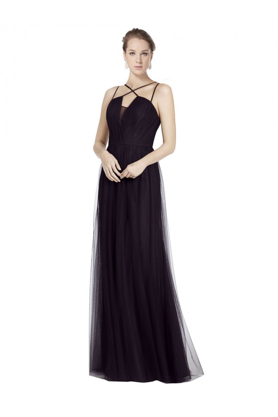 Comprar Negro línea A Tirantes espagueti Cuello Alto Tul Largo Vestidos de dama de honor