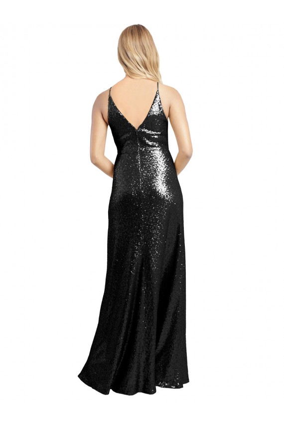 Comprar Negro línea A Tirantes espagueti Cuello en V Lentejuela Largo Formales Vestidos de dama de honor / Vestidos de fiesta