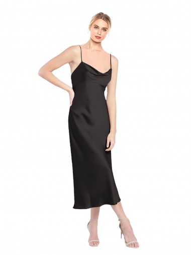 Comprar Negro línea A Tirantes espagueti Midi Satén elástico Corto Formales Vestidos de dama de honor / Vestidos de fiesta / Vestidos de cóctel