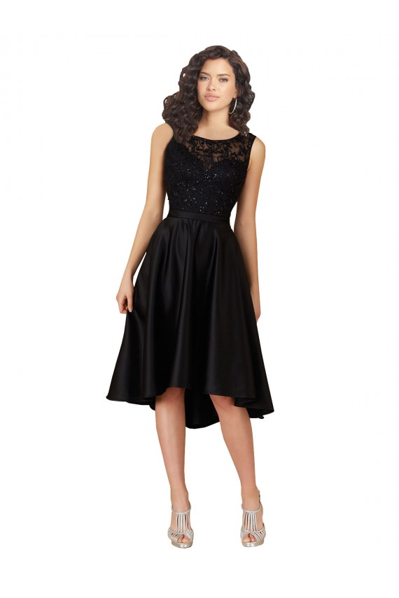 Comprar Negro línea A Ilusión Midi Satén Encaje Corto Asimétrico Vestidos de dama de honor / Vestidos de cóctel / Vestidos para homecoming
