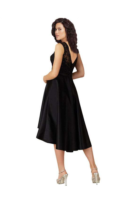 Comprar Negro línea A Ilusión Midi Satén Encaje Corto Asimétrico Vestidos de dama de honor / Vestidos de cóctel / Vestidos para homecoming