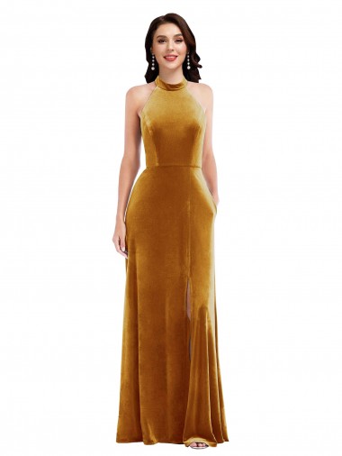 Comprar Oro Trompeta Halter Cuello Alto Terciopelo Elástico Largo Vestidos de dama de honor / Vestidos de fiesta